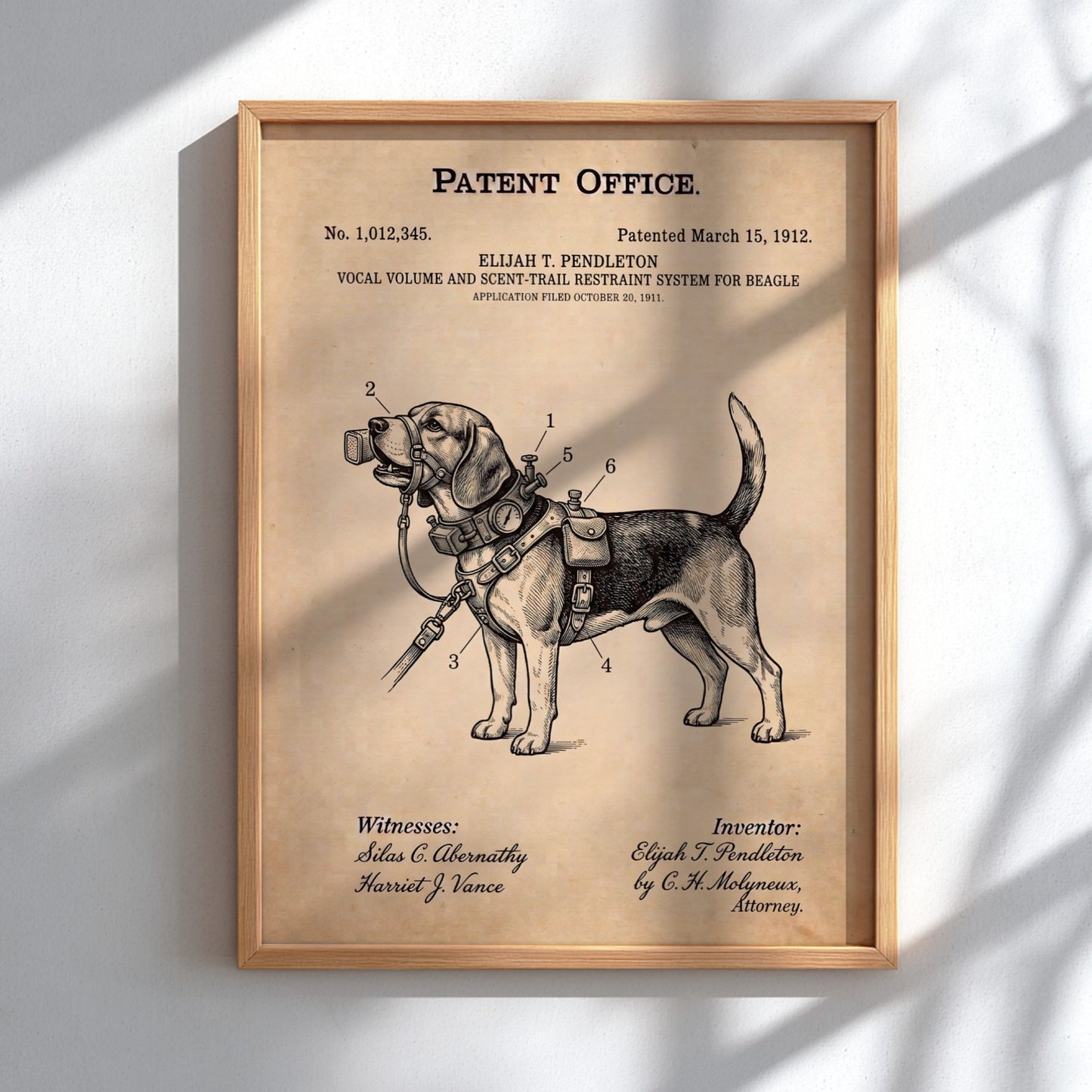 Funny patent poster of a beagle wearing a vocal volume and scent restraint system.