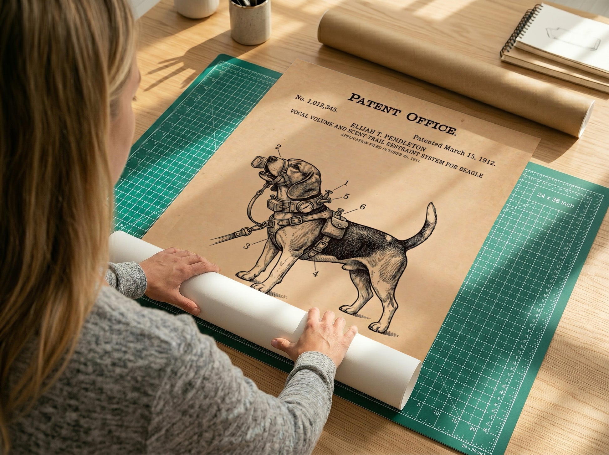 Funny patent poster of a beagle wearing a vocal volume and scent restraint system.