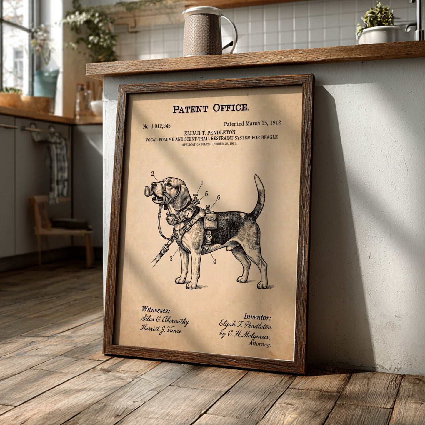 Funny patent poster of a beagle wearing a vocal volume and scent restraint system.