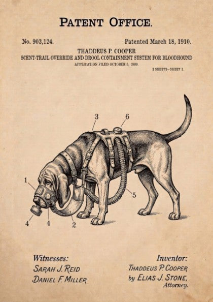 Funny animal patent poster showing a vintage technical drawing of a bloodhound harness.