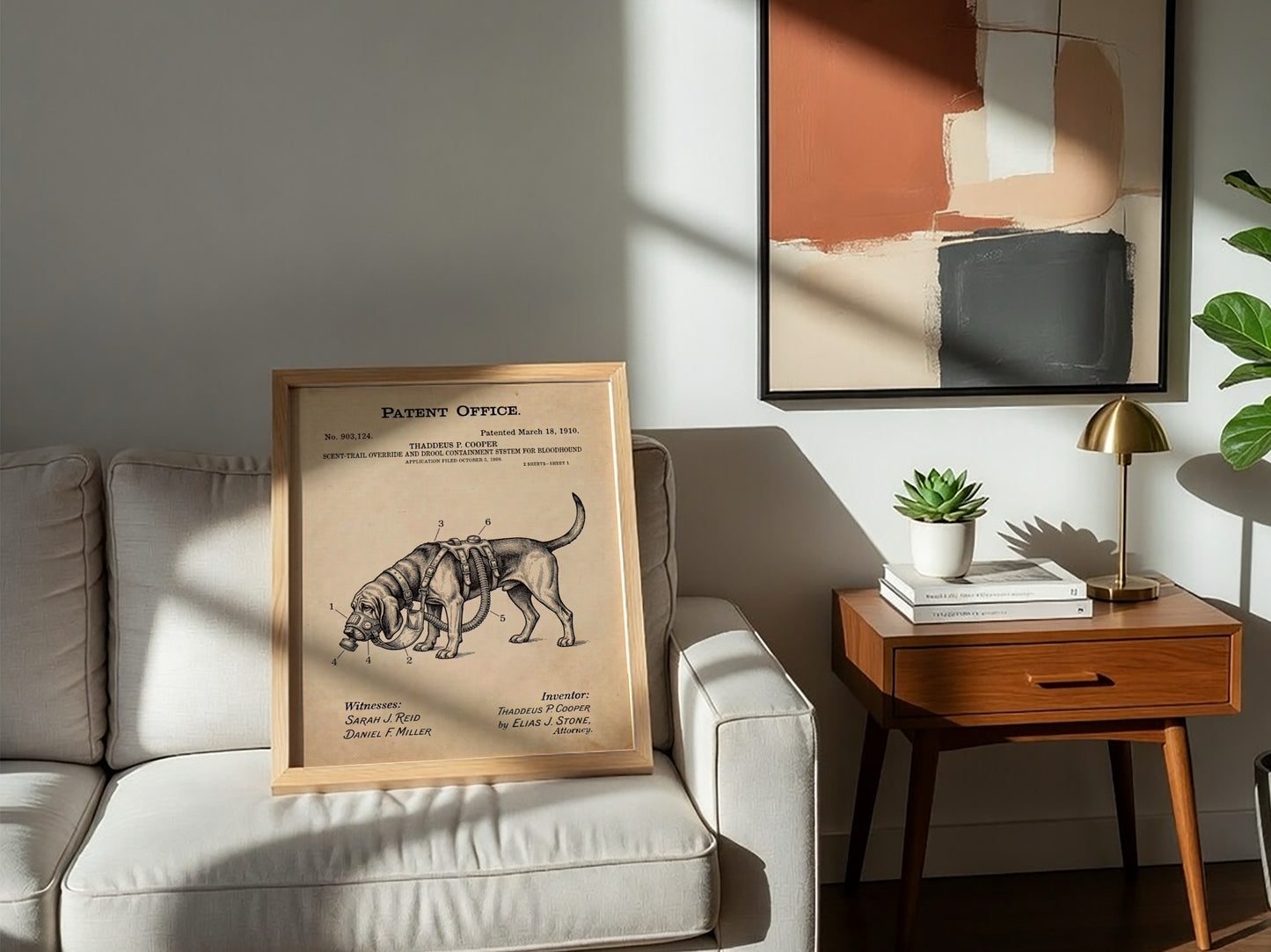 Funny animal patent poster showing a vintage technical drawing of a bloodhound harness.