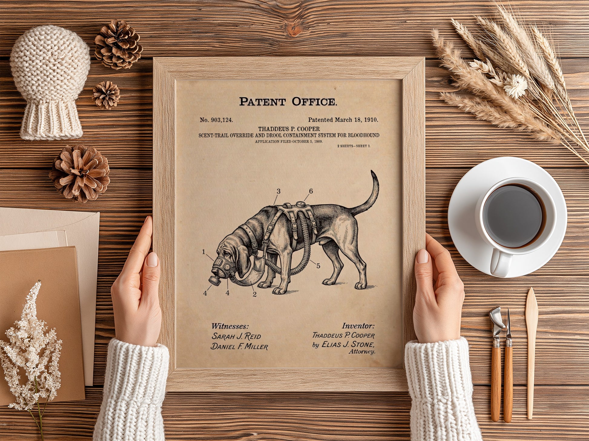 Funny animal patent poster showing a vintage technical drawing of a bloodhound harness.