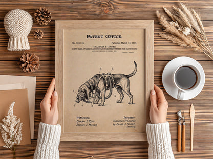 Funny animal patent poster showing a vintage technical drawing of a bloodhound harness.