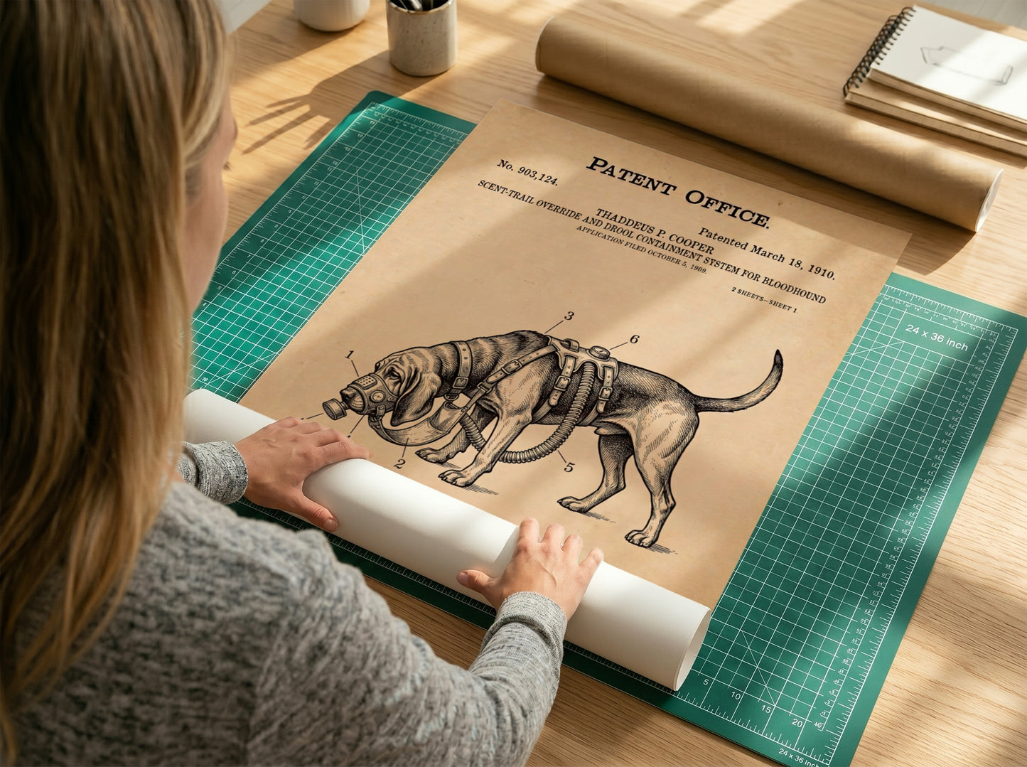 Funny animal patent poster showing a vintage technical drawing of a bloodhound harness.