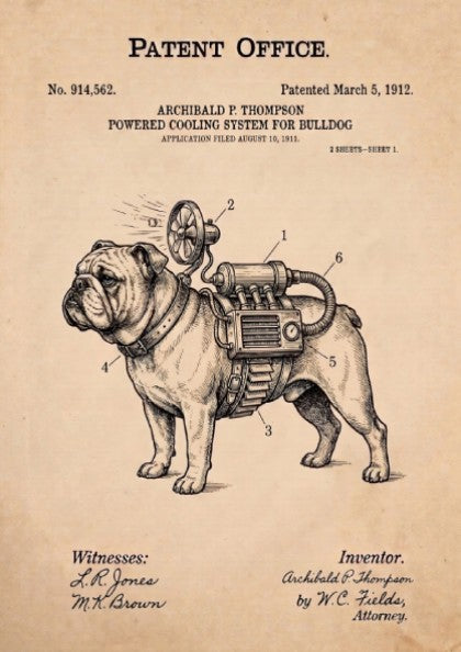 Funny patent poster featuring a technical drawing of a bulldog with a cooling system.