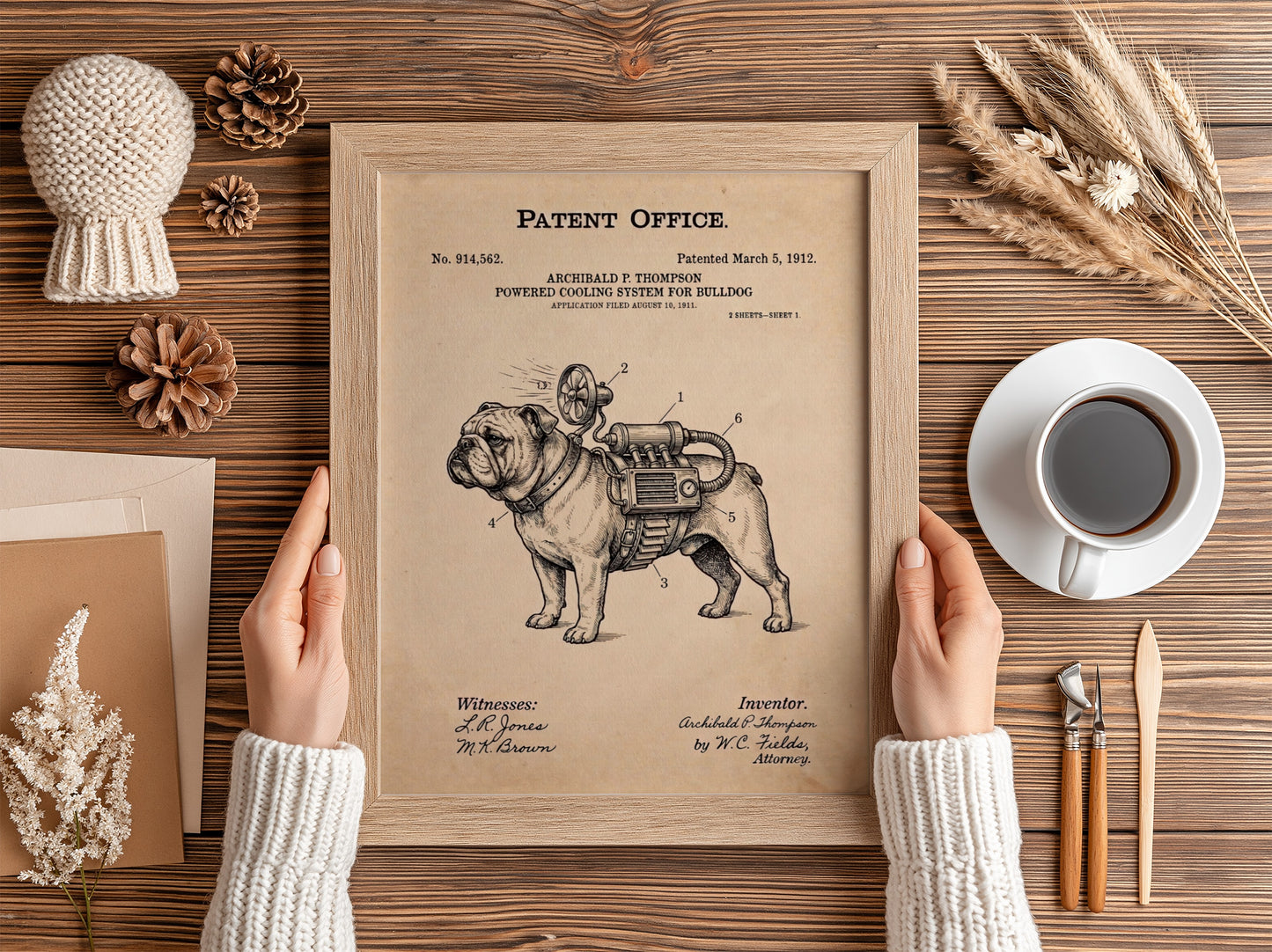 Funny patent poster featuring a technical drawing of a bulldog with a cooling system.