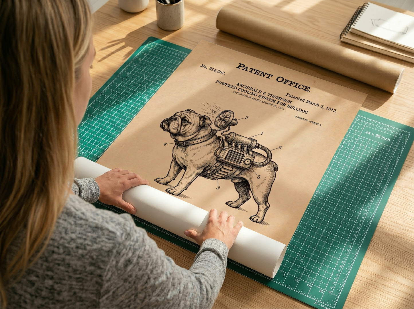 Funny patent poster featuring a technical drawing of a bulldog with a cooling system.
