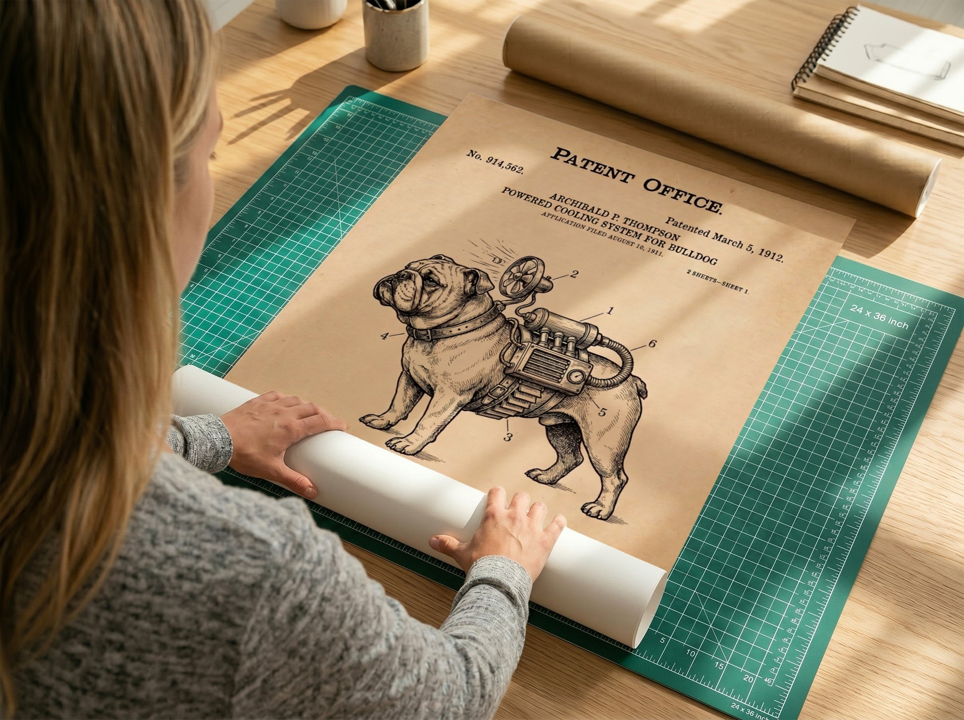 Funny patent poster featuring a technical drawing of a bulldog with a cooling system.