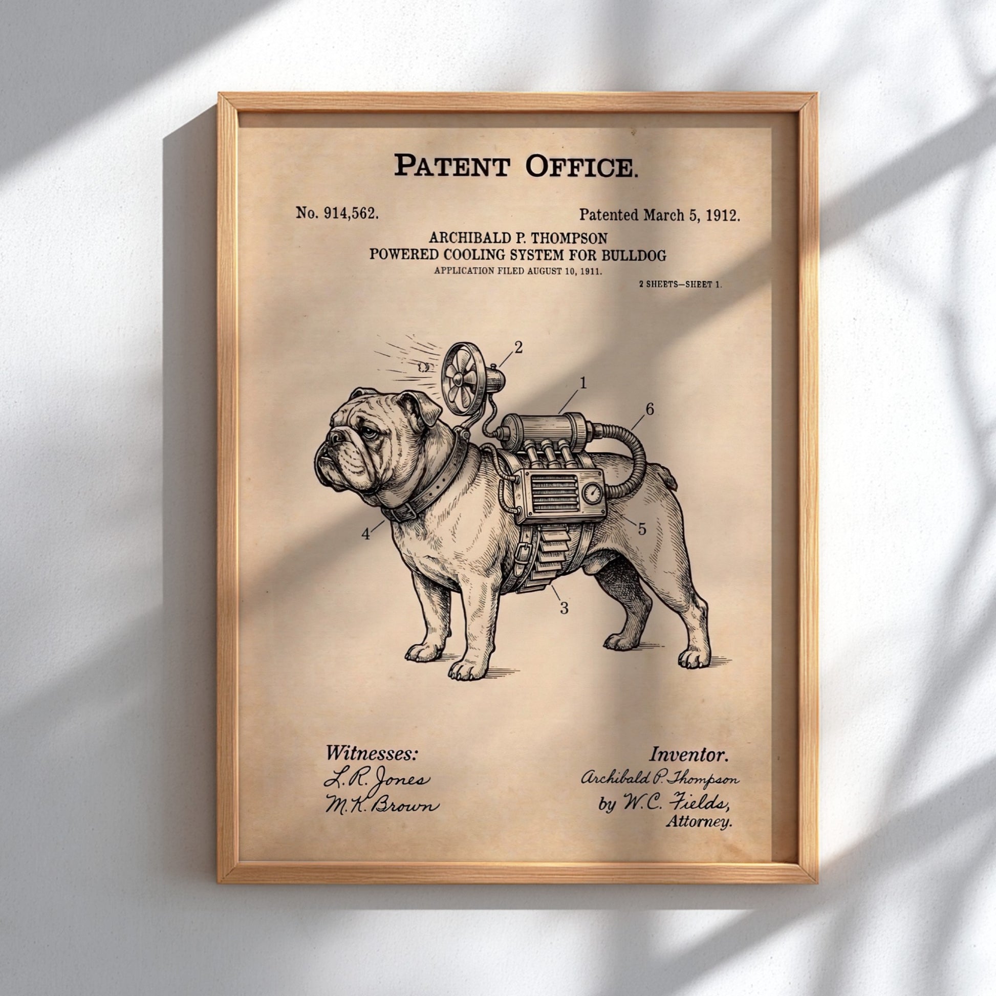 Funny patent poster featuring a technical drawing of a bulldog with a cooling system.