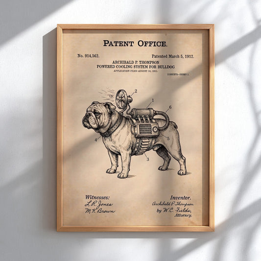 Funny patent poster featuring a technical drawing of a bulldog with a cooling system.