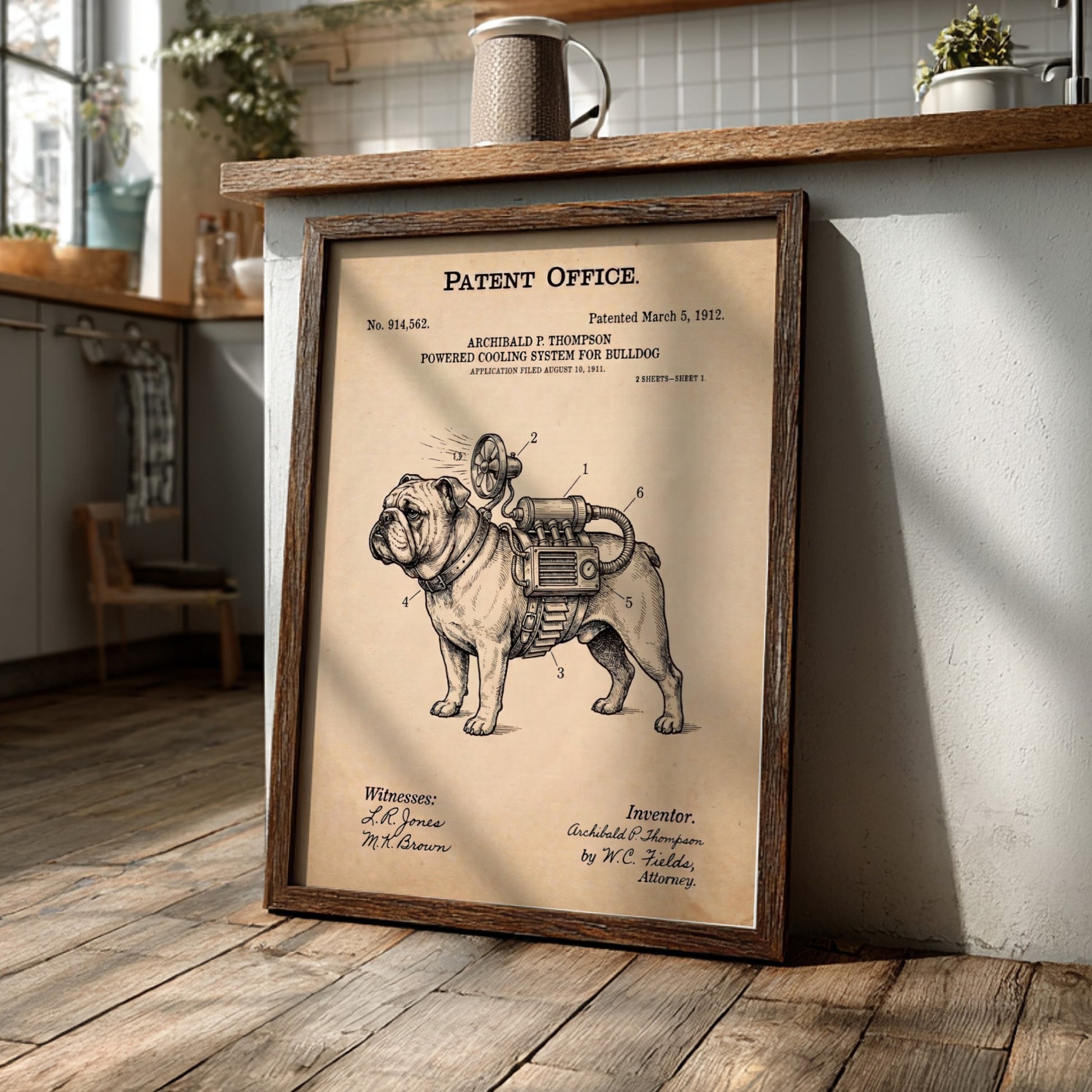 Funny patent poster featuring a technical drawing of a bulldog with a cooling system.