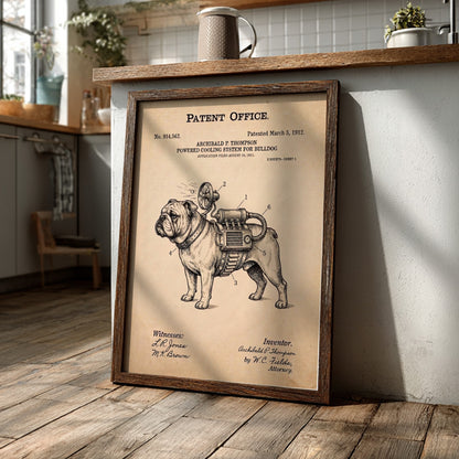 Funny patent poster featuring a technical drawing of a bulldog with a cooling system.