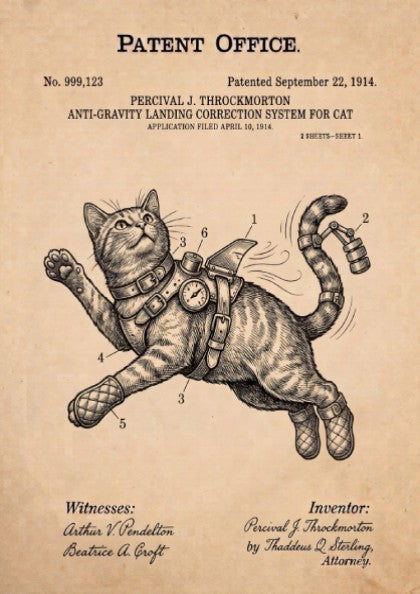 Funny animal patent poster showing a cat wearing an anti-gravity harness and boots.