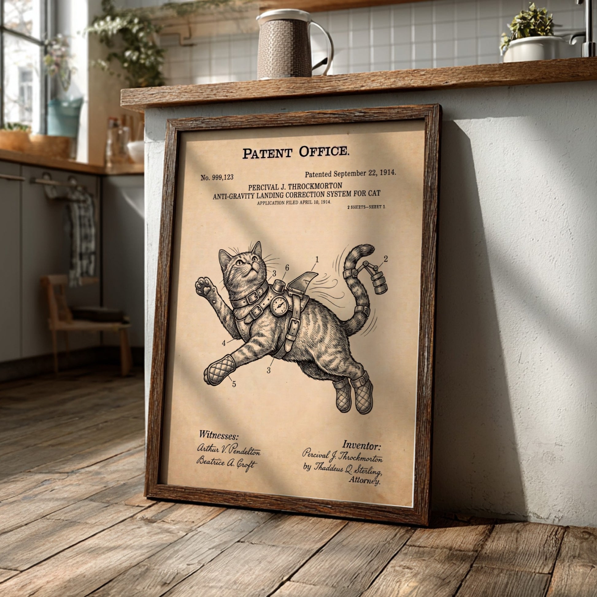 Funny animal patent poster showing a cat wearing an anti-gravity harness and boots.