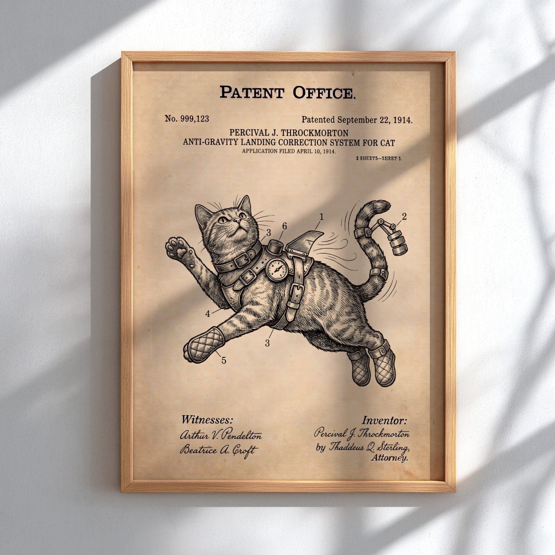 Funny animal patent poster showing a cat wearing an anti-gravity harness and boots.