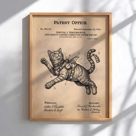 Funny animal patent poster showing a cat wearing an anti-gravity harness and boots.