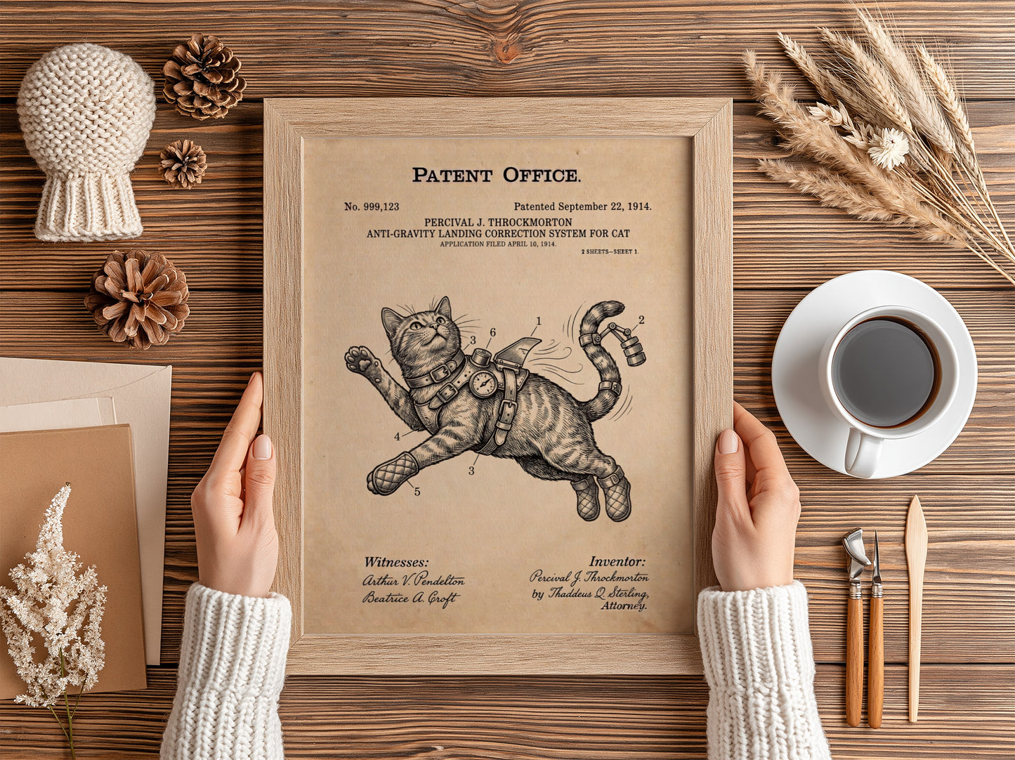 Funny animal patent poster showing a cat wearing an anti-gravity harness and boots.