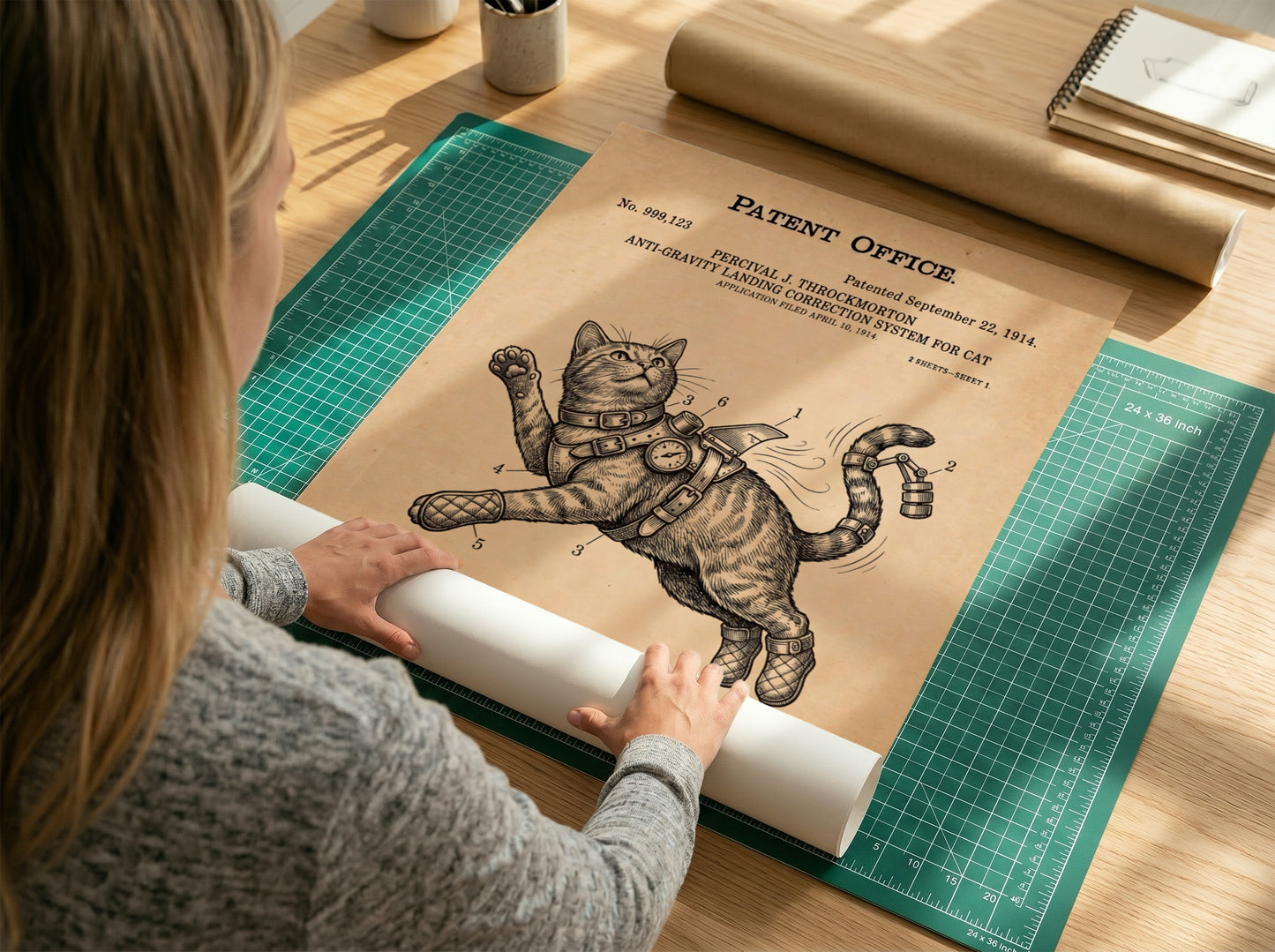 Funny animal patent poster showing a cat wearing an anti-gravity harness and boots.