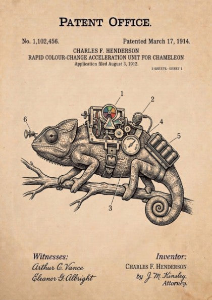Funny animal patent poster depicting a mechanical chameleon colour change acceleration device on paper