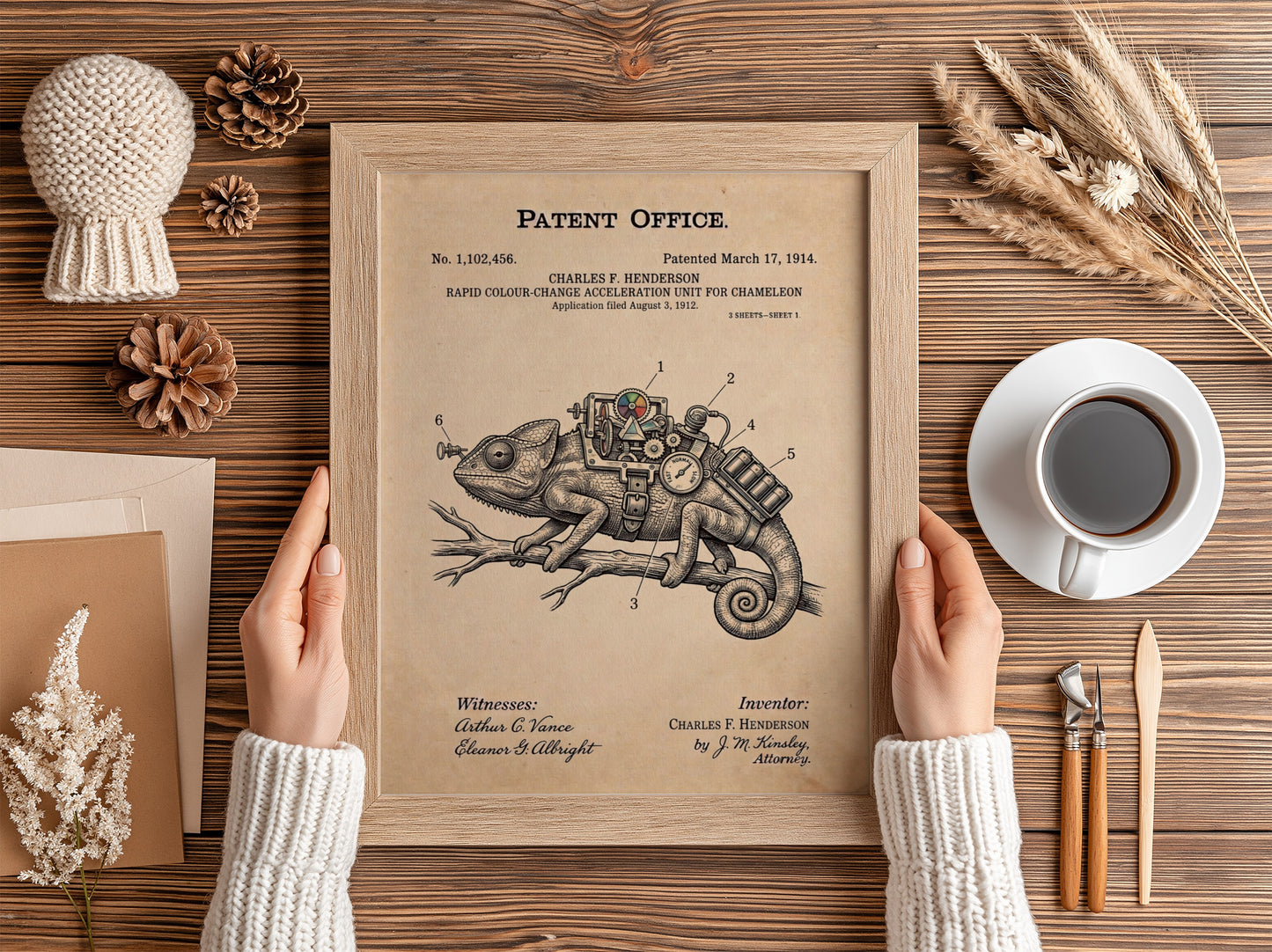 Funny animal patent poster depicting a mechanical chameleon colour change acceleration device on paper