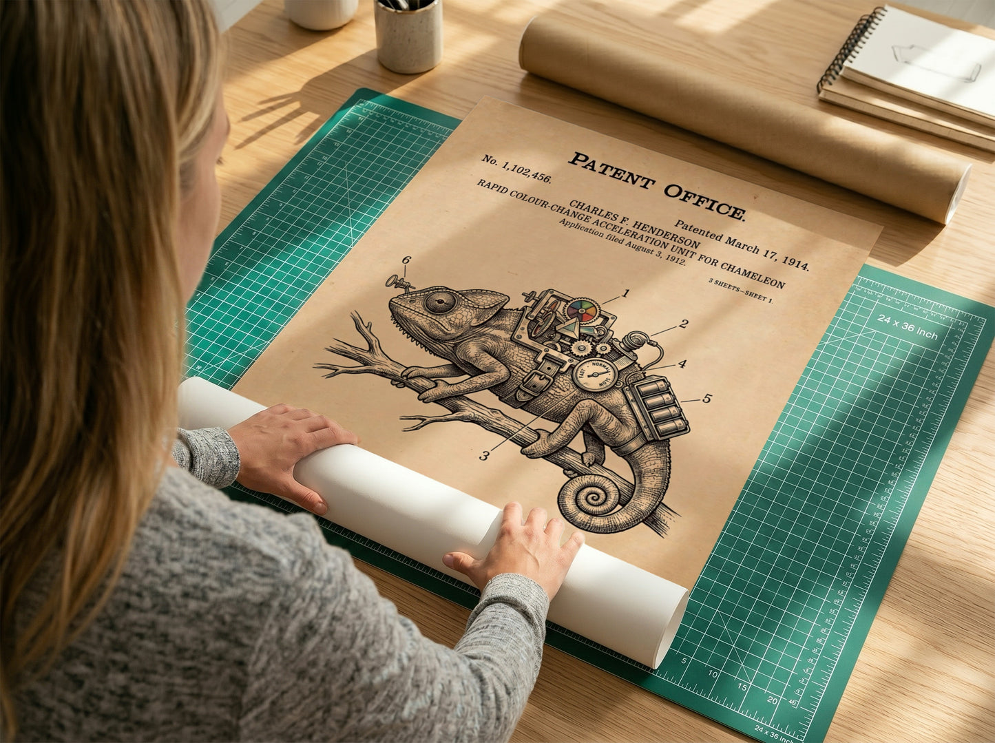 Funny animal patent poster depicting a mechanical chameleon colour change acceleration device on paper