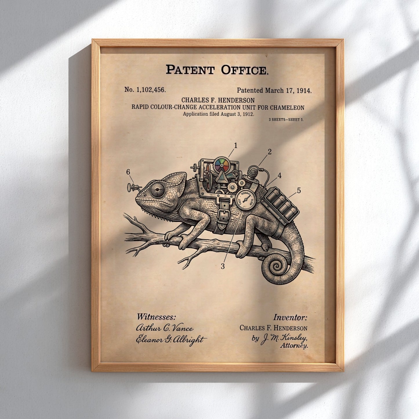Funny animal patent poster depicting a mechanical chameleon colour change acceleration device on paper