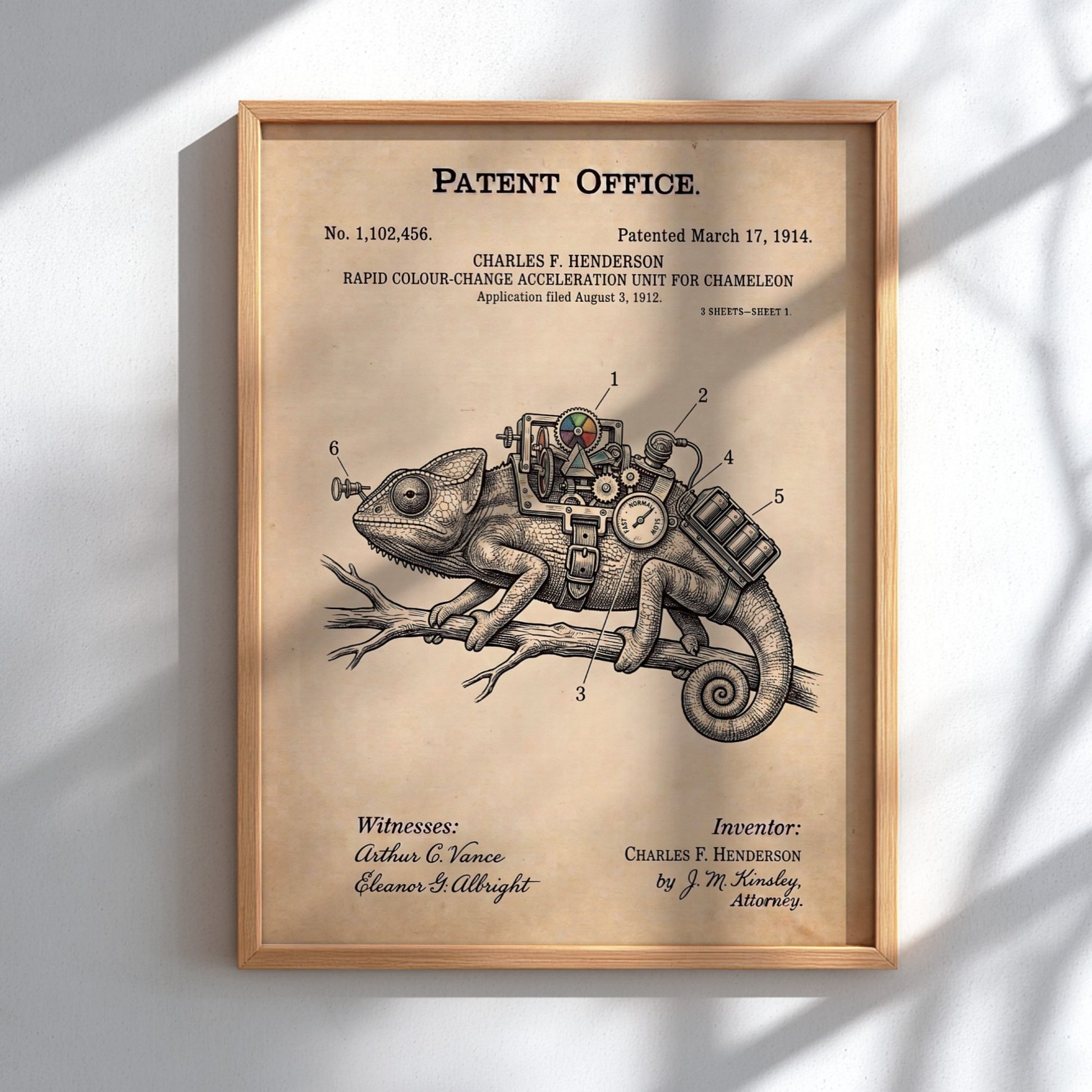 Funny animal patent poster depicting a mechanical chameleon colour change acceleration device on paper