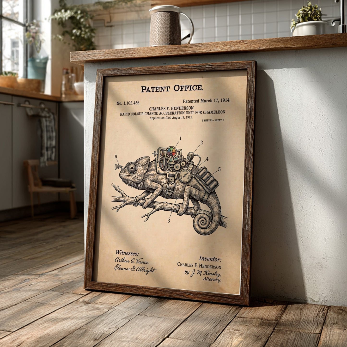 Funny animal patent poster depicting a mechanical chameleon colour change acceleration device on paper