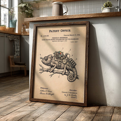 Funny animal patent poster depicting a mechanical chameleon colour change acceleration device on paper