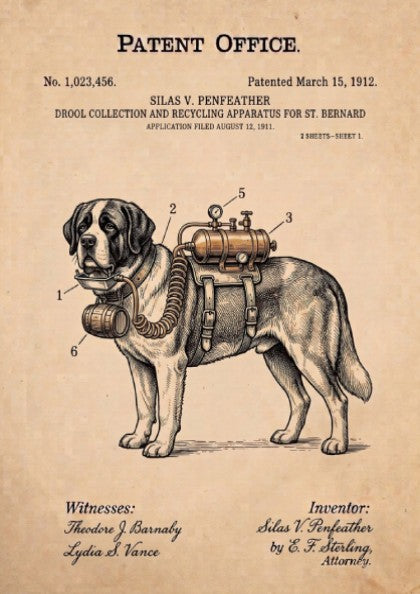Funny animal patent poster showing a technical drawing of a St Bernard dog apparatus.