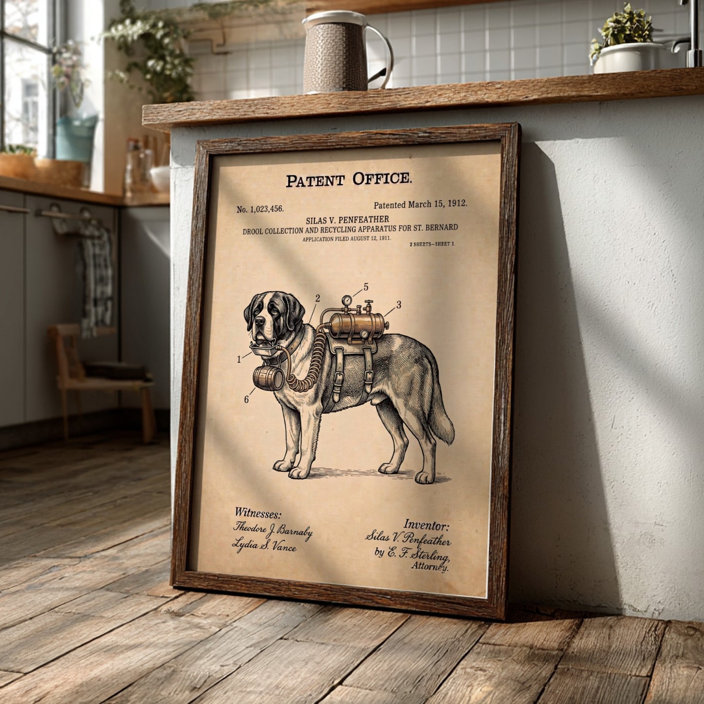 Funny animal patent poster showing a technical drawing of a St Bernard dog apparatus.