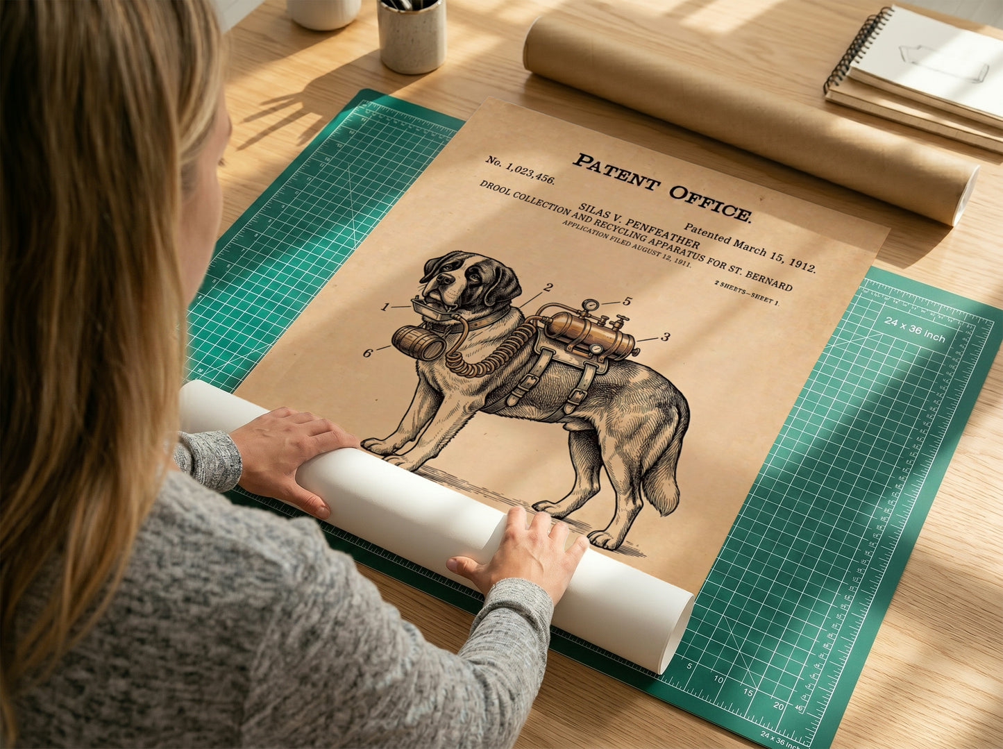 Funny animal patent poster showing a technical drawing of a St Bernard dog apparatus.