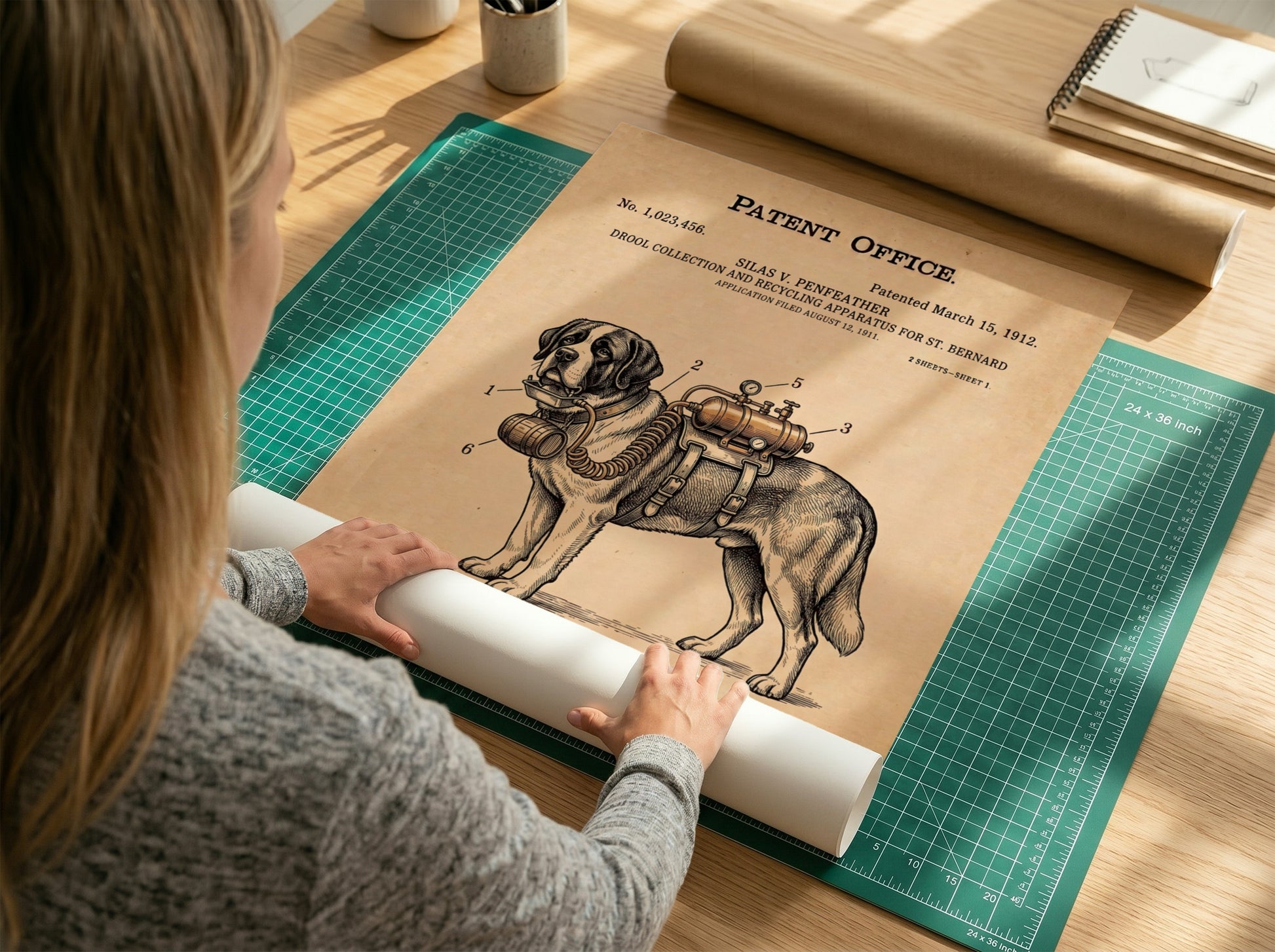 Funny animal patent poster showing a technical drawing of a St Bernard dog apparatus.