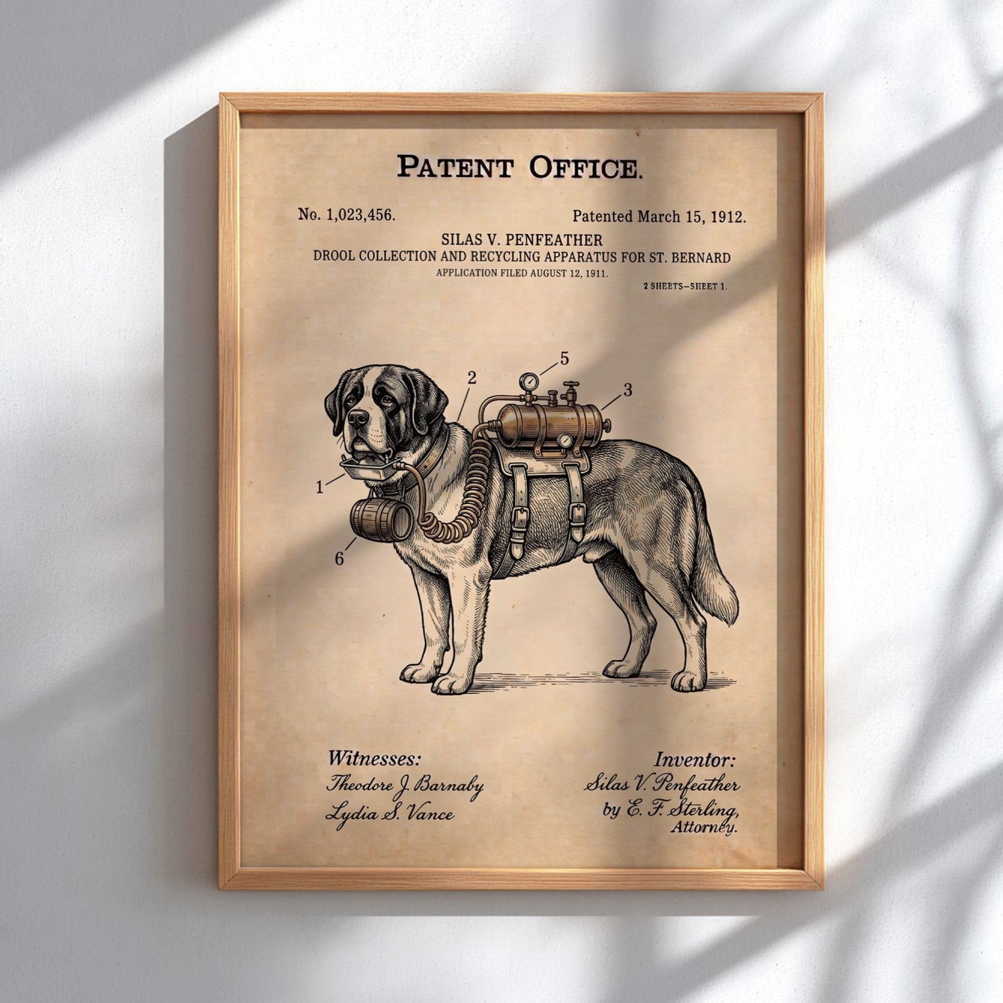 Funny animal patent poster showing a technical drawing of a St Bernard dog apparatus.