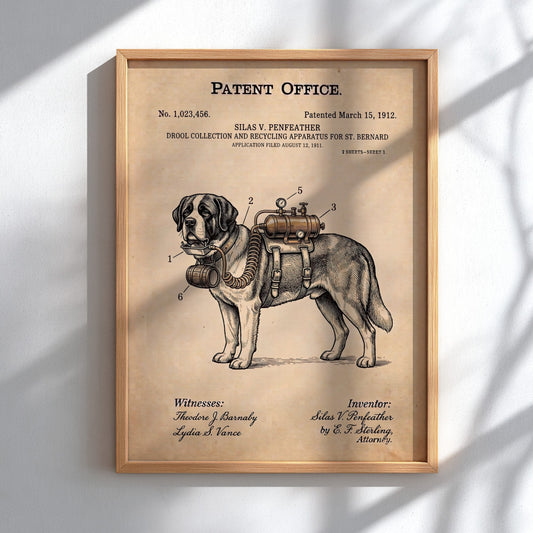 Funny animal patent poster showing a technical drawing of a St Bernard dog apparatus.
