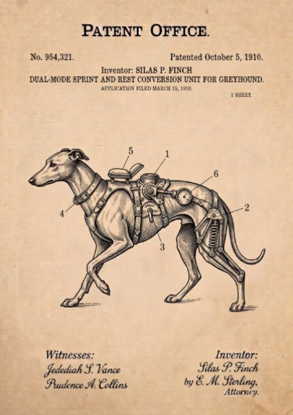 Funny animal patent poster showing a vintage technical drawing of a greyhound harness