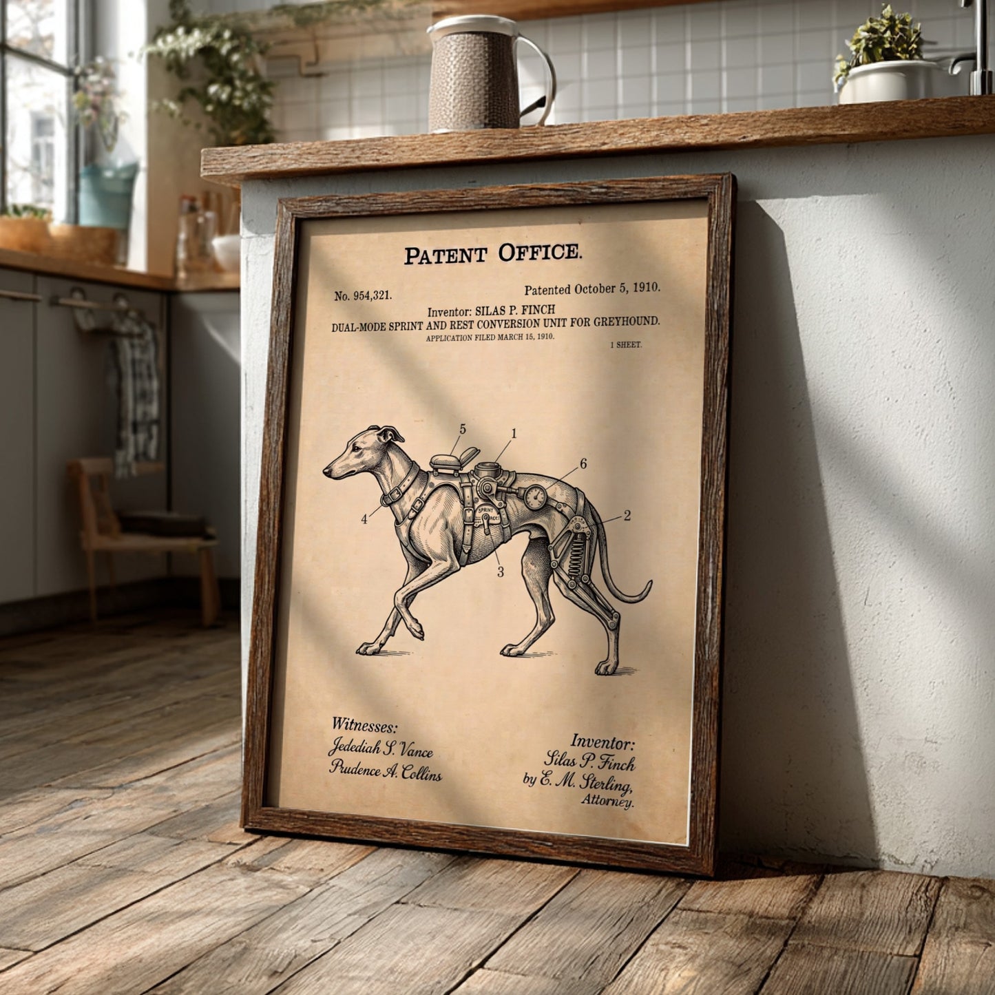 Funny animal patent poster showing a vintage technical drawing of a greyhound harness