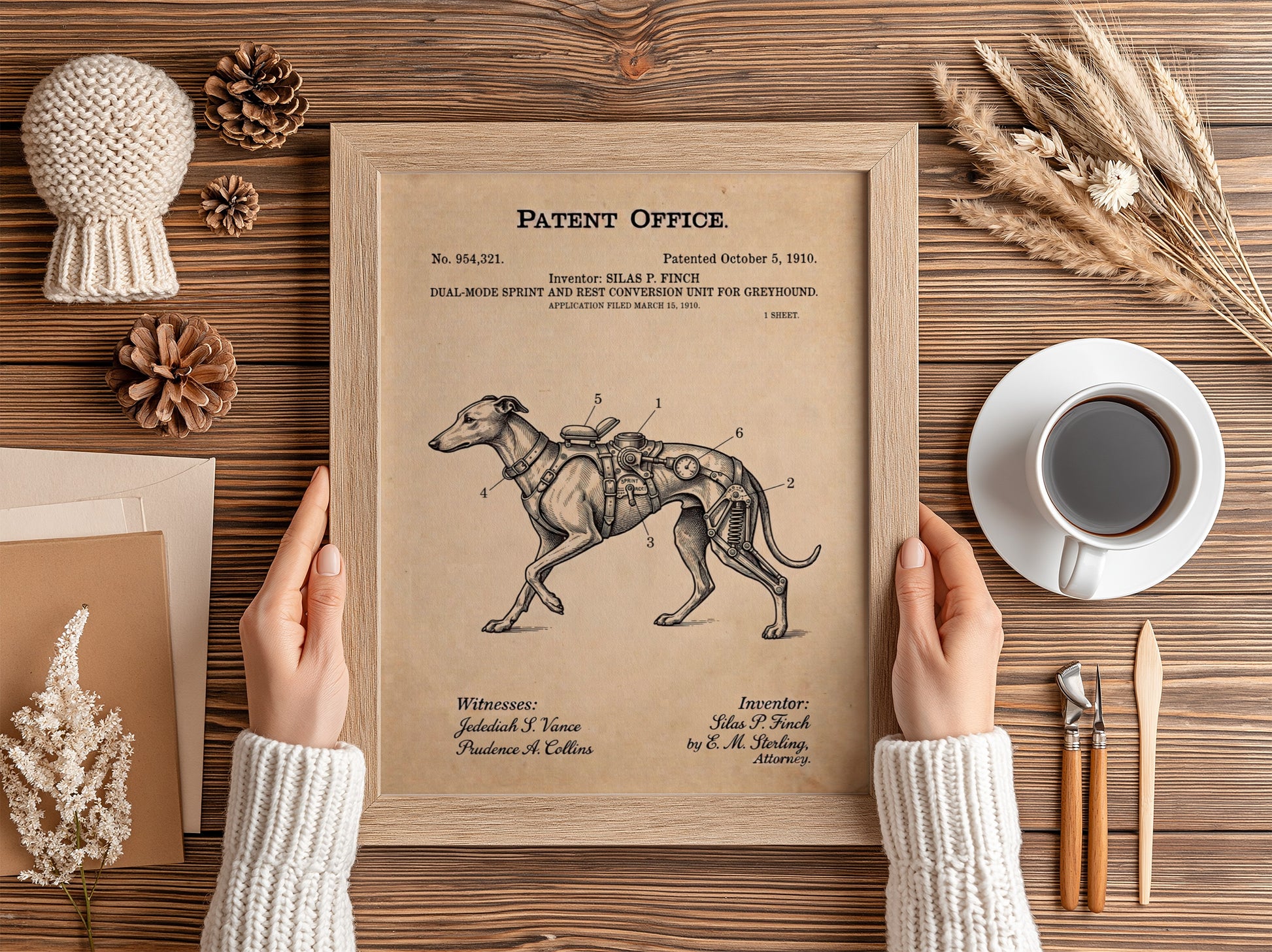 Funny animal patent poster showing a vintage technical drawing of a greyhound harness