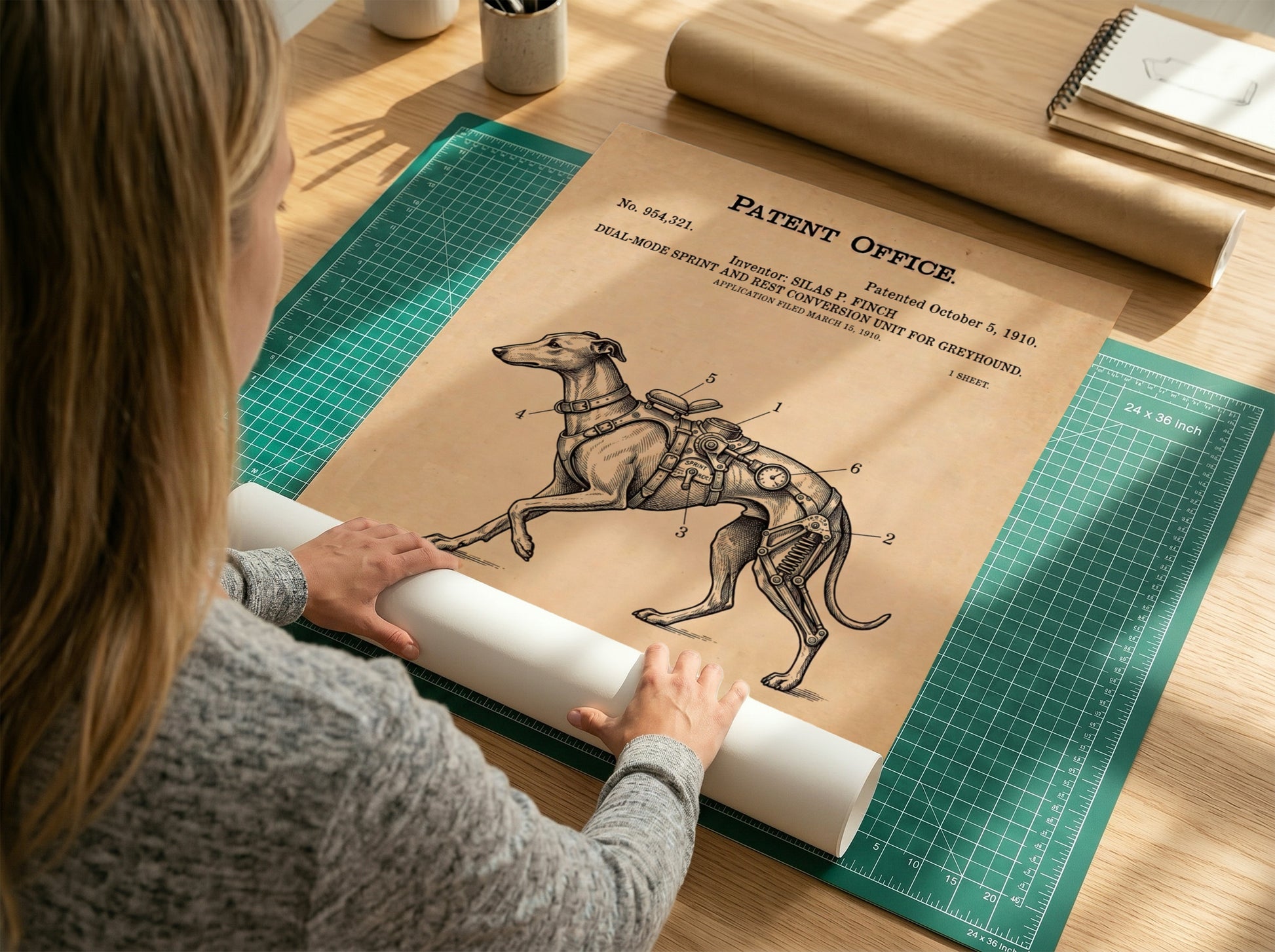 Funny animal patent poster showing a vintage technical drawing of a greyhound harness