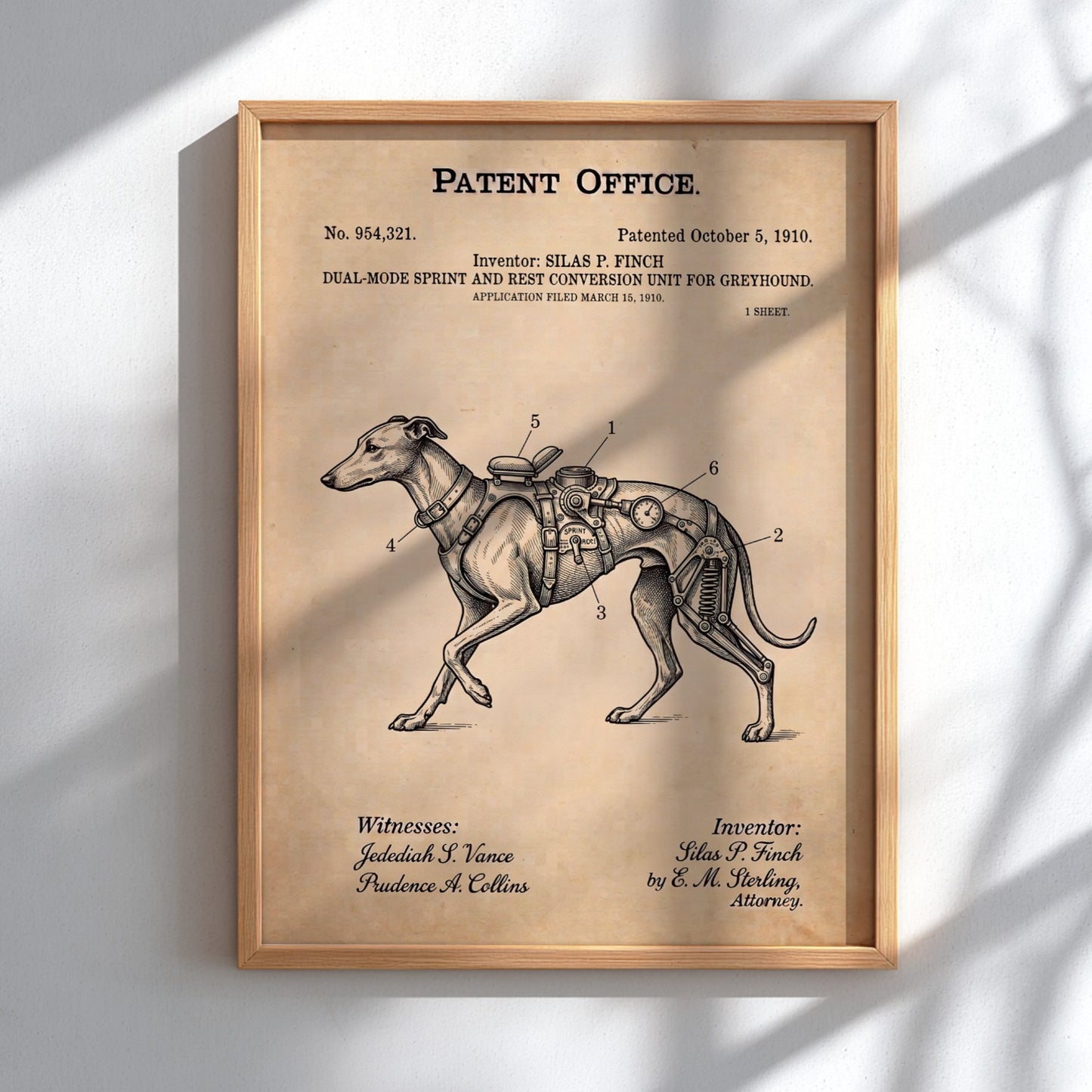 Funny animal patent poster showing a vintage technical drawing of a greyhound harness