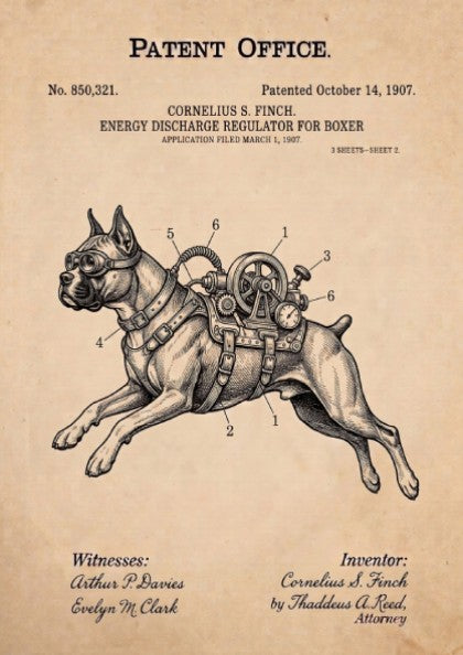 Funny animal patent poster showing a Boxer dog wearing a vintage mechanical energy regulator