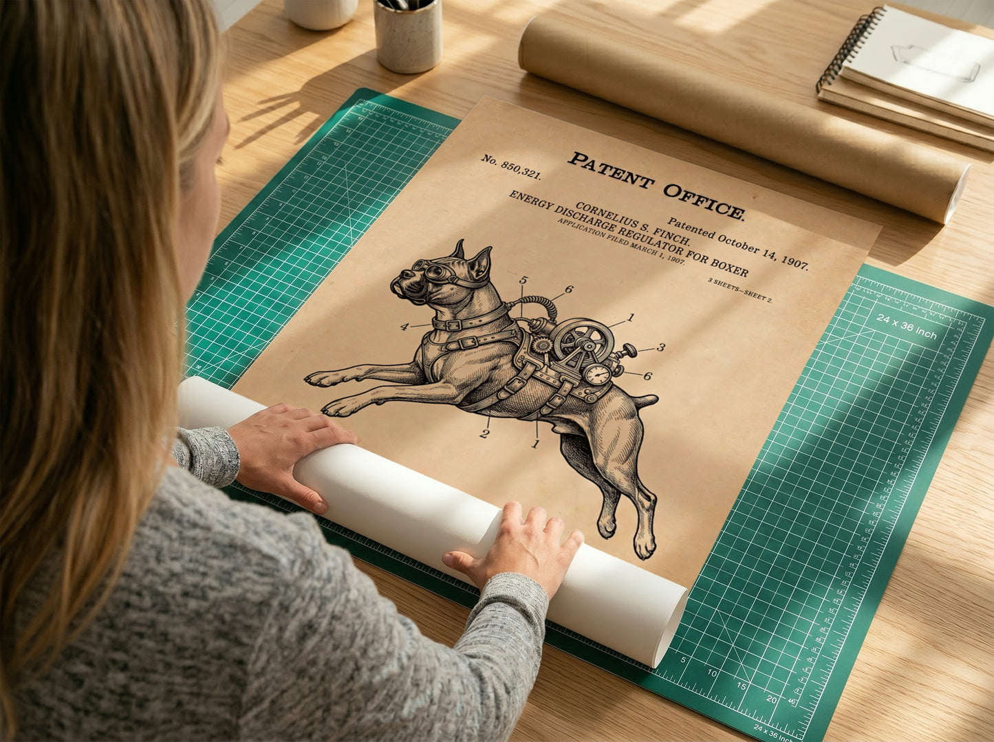 Funny animal patent poster showing a Boxer dog wearing a vintage mechanical energy regulator