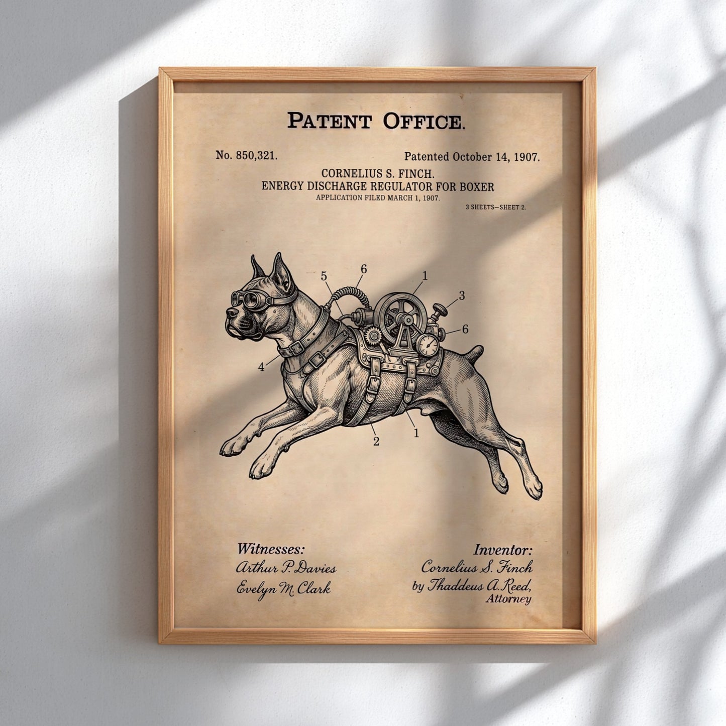 Funny animal patent poster showing a Boxer dog wearing a vintage mechanical energy regulator