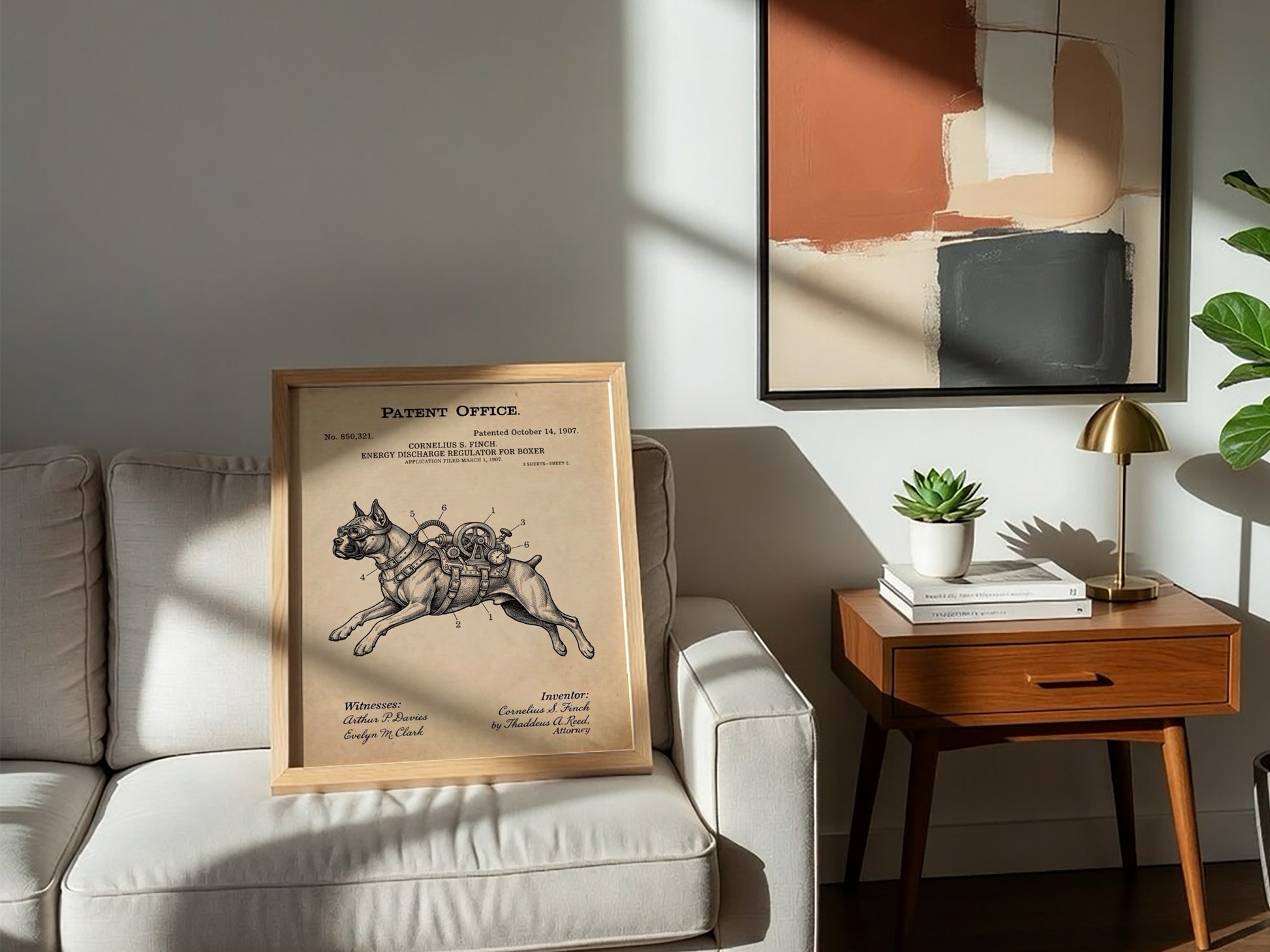 Funny animal patent poster showing a Boxer dog wearing a vintage mechanical energy regulator
