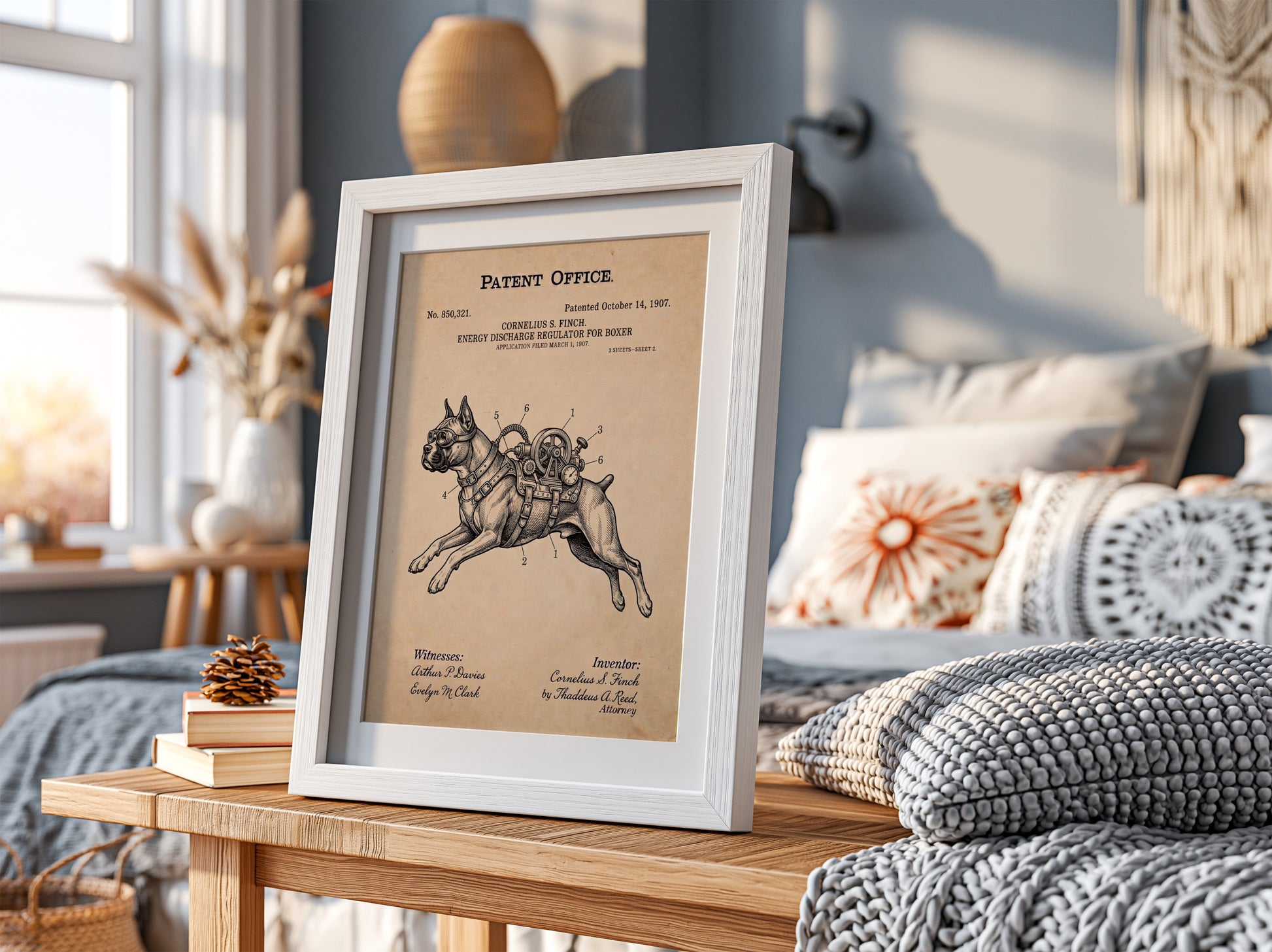 Funny animal patent poster showing a Boxer dog wearing a vintage mechanical energy regulator