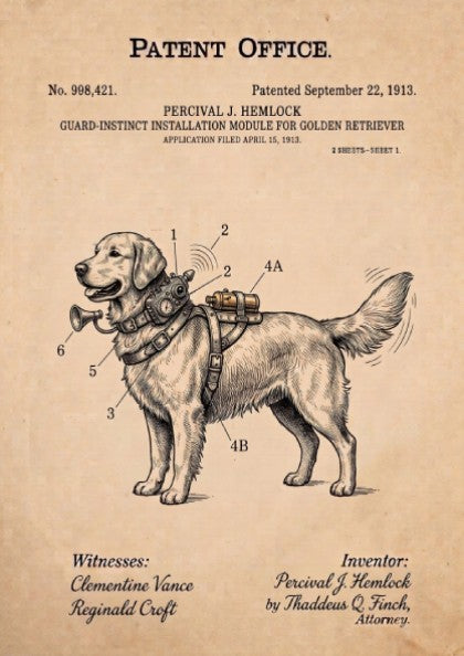 Funny patent poster of a Golden Retriever with a guard instinct module diagram
