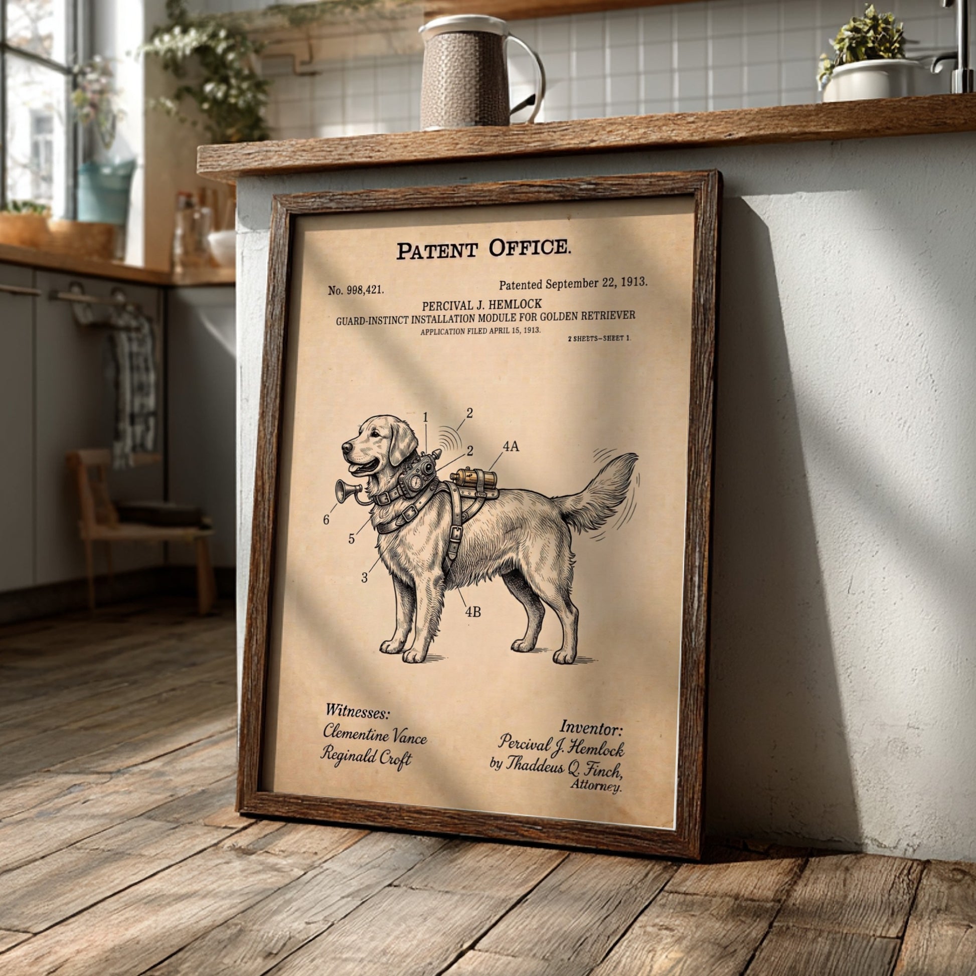 Funny patent poster of a Golden Retriever with a guard instinct module diagram