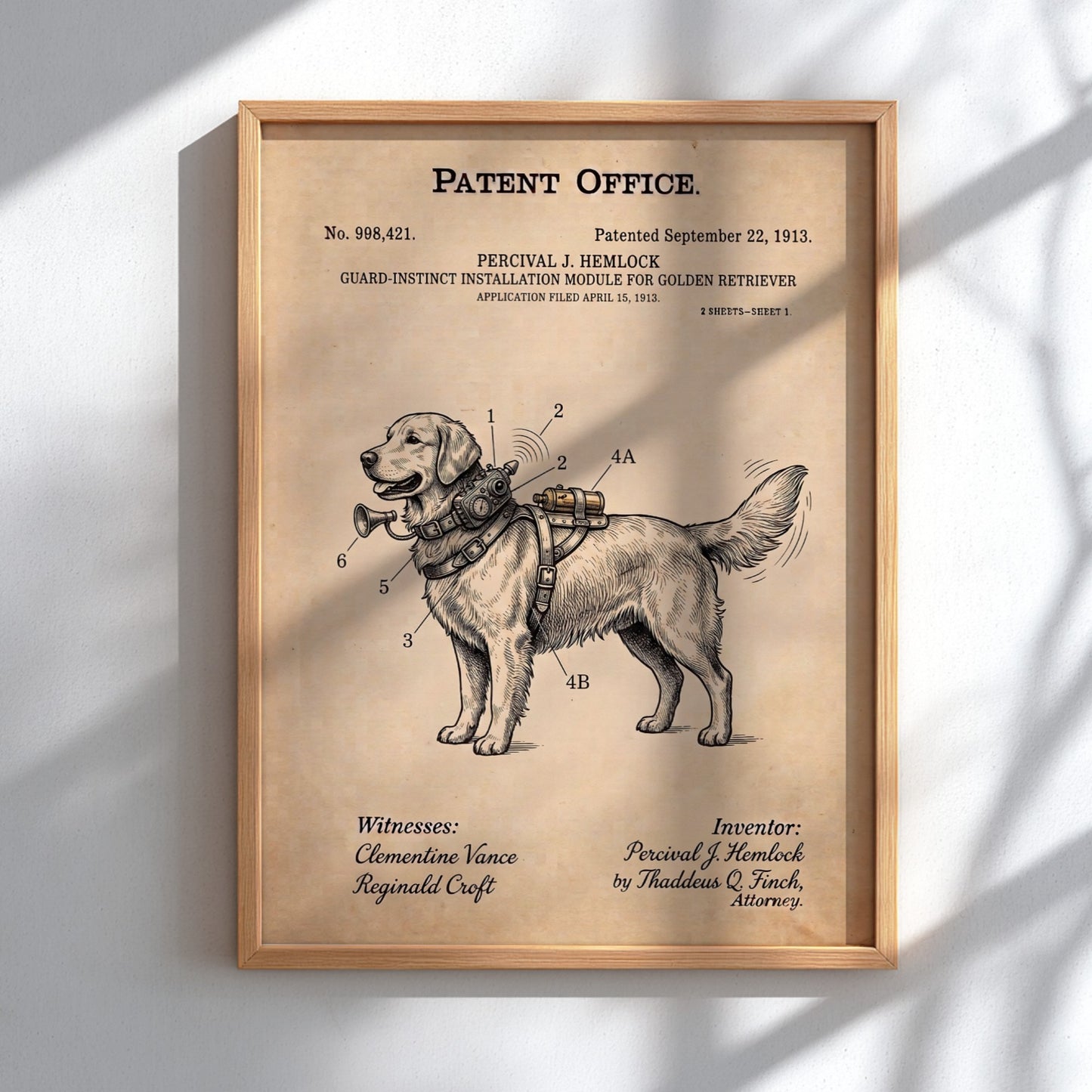 Funny patent poster of a Golden Retriever with a guard instinct module diagram