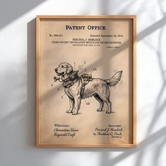 Funny patent poster of a Golden Retriever with a guard instinct module diagram