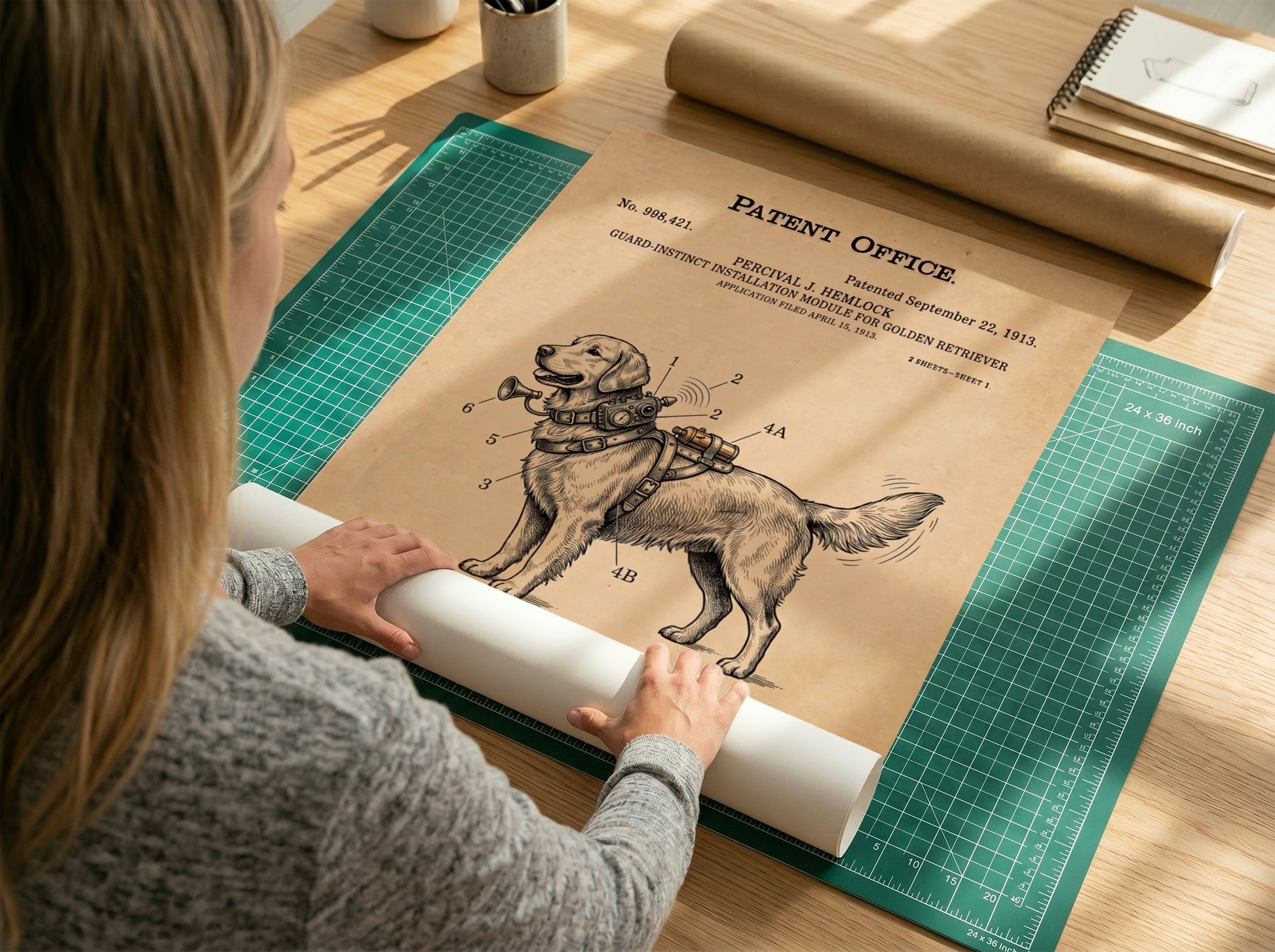 Funny patent poster of a Golden Retriever with a guard instinct module diagram